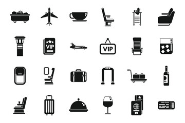 First class travel icons set simple vector. Airplane service. Seat traveler - obrazy, fototapety, plakaty