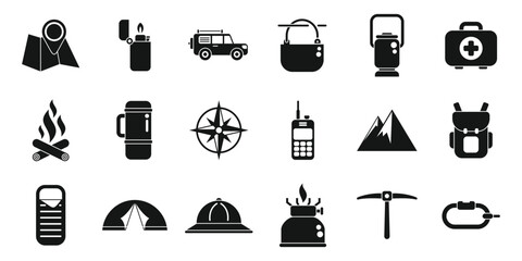 Expedition icons set simple vector. Hiker adventure. Alpine wind © anatolir