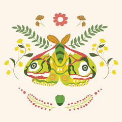 Moth with flower and leaves.