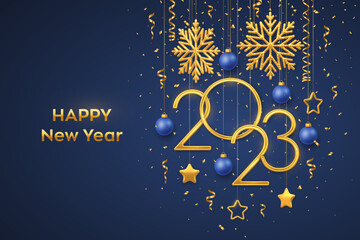 Happy New 2023 Year. Hanging Golden metallic numbers 2023 with shining snowflakes, 3D metallic stars, balls and confetti on blue background. New Year greeting card or banner template. Vector.
