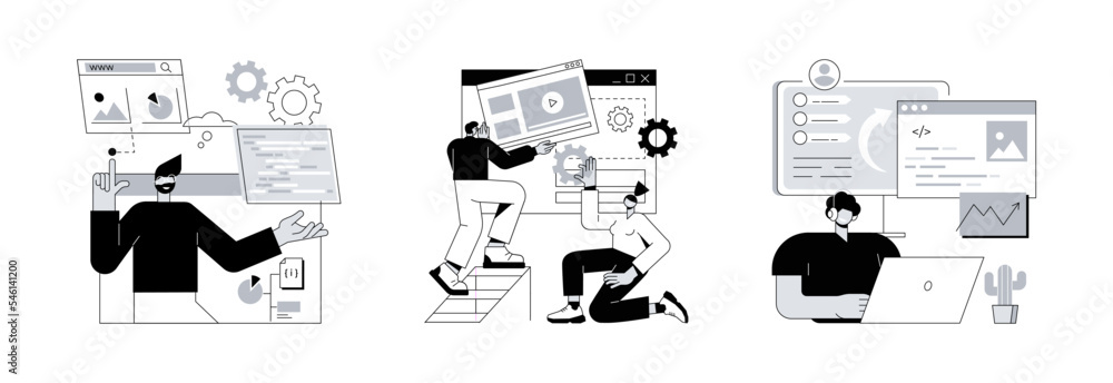 Poster webpage programming abstract concept vector illustration set. website, landing page, microsite devel