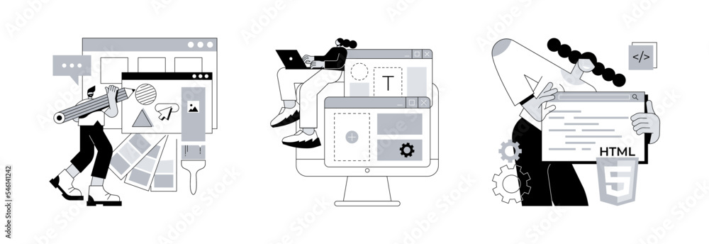 Poster website building service abstract concept vector illustration set. web design, website template, htm