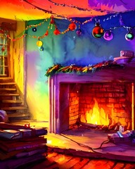The fireplace is decorated with garlands and red ribbons. A wreath hangs above the mantle, and stockings are hung on either side of the fireplace. Candles flicker in the windowsills, and a log burns m