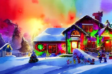 The house is decorated with Christmas lights. There is a wreath on the door, and presents under the tree.