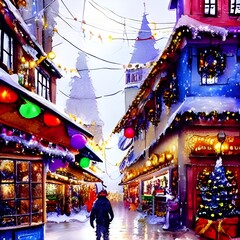 Obraz premium The Christmas Market is in full swing. The square is covered in a thin layer of snow, and the air smells faintly of mulled wine and cinnamon. fairy lights twinkle from every direction, illuminating th