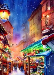 It's a cold winter evening and the Christmas market is in full swing. The smell of mulled wine and roasted chestnuts fills the air, and twinkling lights illuminate the stalls selling handmade gifts an