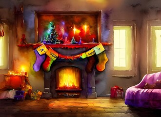 The fireplace is lined with red and green garland, stringing lights around the hearth. A large wreath hangs above the mantel, adorned with a big red bow. Stockings are hung from either side of the fir