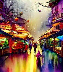 Obraz premium The Christmas market is bustling with people. The smell of roasted chestnuts and gingerbread fill the air. Strings of lights illuminate the stalls selling handmade gifts, toys and ornament. There's a 