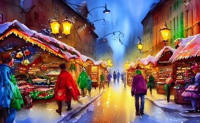 The Christmas market is teeming with people and the air is thick with the smell of cinnamon. The stalls are laden with all sorts of festive treats, from gingerbread to mulled wine. twinkling lights il