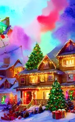 In the picture, there are houses with Christmas decorations. The homes are adorned with wreaths, lights, and other holiday cheer.