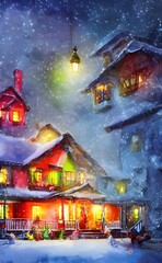 This is a house with Christmas decorations. The lawn is covered in snow and there are lights on the roof and around the windows. There is a big wreath on the door and two reindeer statues by the steps
