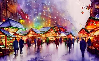 Obraz premium The Christmas market is alive with people and lights. The Ground glistens with a fresh layer of snow, and the air is crisp. The smell of gingerbread and mulled wine fills the air as people bustle abou