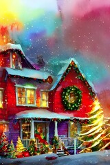 In the front yard of the house, there are Christmas decorations set up. There is a fake Christmas tree with presents underneath it. Nearby, there is a snowman made out of packets of snow. On the roof,