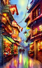 Fototapeta premium The Christmas market is bustling with people and the air is filled with the scent of mulled wine. The stalls are decorated with twinkling lights and there's a festive atmosphere in the air.