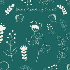 Isolated flower and leaves surface pattern on green background.