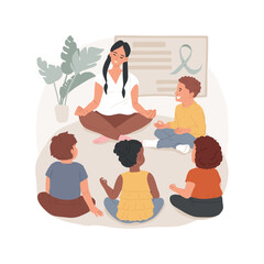 World mental health day isolated cartoon vector illustration. Children practice mindfulness exercises, sit on classroom floor, world mental health week, green solidarity ribbon vector cartoon. - 546142001