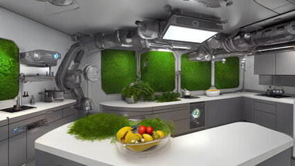 futuristic kitchen, sci-fi room with robotic equipment and herbs