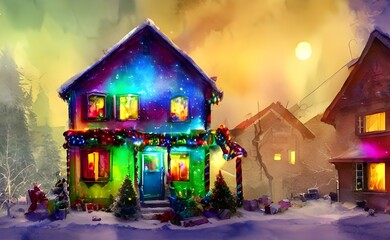 The house is adorned with Christmas lights and decorations. The evergreen tree stands tall and proud in the front window, sparkling with ornaments. A garlandWith eucalyptus leaves hangs across the fir