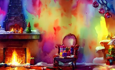 The fireplace is decorated with red, green, and gold garland. Stockings are hung on the mantel with care. A fire burns in the hearth, flickering light around the room.