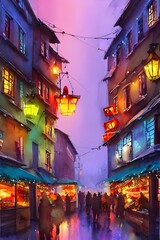 Naklejka premium The Christmas market is in full swing. The stalls are decorated with colorful lights, and the air is filled with the scent of roasted chestnuts. Music is playing, people are laughing and chatting. It'