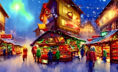 Obraz premium It's Christmas market evening and the fairy lights are twinkling. The storefronts are decorated with wreaths and garlands. There's a big crowd of people, all wrapped up in coats and scarves against th