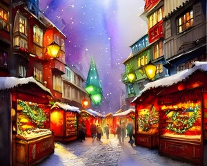 Naklejka premium The Christmas market is bustling with people buying presents and enjoying the festive atmosphere. The stalls are decorated with lights and there's a real sense of excitement in the air.
