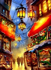 Naklejka premium In the Christmas market evening, the air is full of excitement and joy. The stalls are decorated with lights and there's a feeling of warmth in the air. People are laughing and chatting as they wander