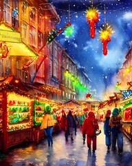 It's a chilly christmas market evening. The stalls are all aglow with fairy lights, and the smell of hot mulled wine and gingerbread fills the air. shoppers bustle to and fro, huddled in their coats