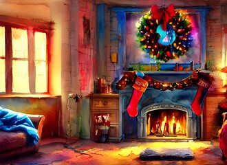 Photo of a mantle with Christmas decorations including garland, candles, and stockings. The garland is strung along the length of the mantle and has lights interwoven throughout it. There are three ca