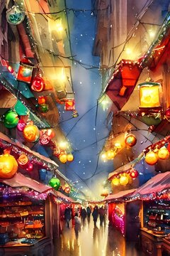 The Christmas market is in full swing, with people milling around the stalls and enjoying the festive atmosphere. The air is alive with the sound of laughter and conversation, and there's a real sense