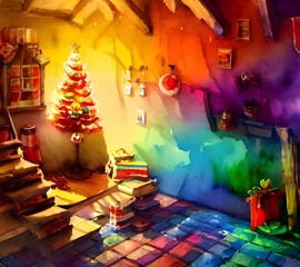 The fireplace is surrounded by Christmas decorations. There are stockings hung on the mantel, and a garland wrapped around it. The fire is crackling in the fireplace, and there is a large holiday wrea