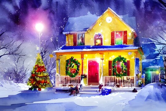 In the picture, there are houses with Christmas decorations. The snow is falling and the lights are shining.