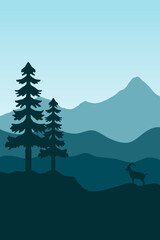 Landscapes with mountain peaks and trees, hills, animals.