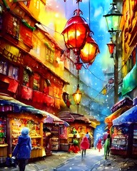 Obraz premium The Christmas market is alive with people and the air is thick with the scent of gingerbread. Strings of lights crisscross overhead, casting a warm glow over everything. The stalls are piled high with