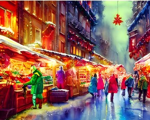 The Christmas market is bustling with people shopping for last-minute gifts. The air is filled with the scent of cinnamon and pine, and the sound of holiday music fills the square. Strings of lights t