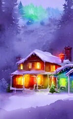 It's a cold winter night and the house is lit up with colorful Christmas lights. The decorated tree stands in the front window, shining brightly.
