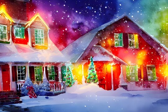 In the picture, there are houses with Christmas decorations. The houses have lights on them and some have inflatable Santa Clauses in their front yards. There is snow on the ground, and it looks like 