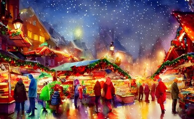 Obraz premium The Christmas market is bustling with people. The air is filled with the smell of roasted chestnuts and gingerbread. fairy lights twinkle in the trees and stalls selling all manner of festive treats l