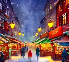 The sun has just set, and the Christmas market is twinkling with fairy lights. The smell of roasted chestnuts and gingerbread fills the air. Crowds of people are browsing the stalls, wrapped up in woo