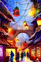 Obraz premium The Christmas market is in full swing, with people milling around the stalls and enjoying the festive atmosphere. The air is alive with the sound of carols and laughter, and the smell of mulled wine a