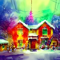 The House is decorated for Christmas. There are lights on the eaves and a wreath on the door. The snow is falling gently and the air is cold.