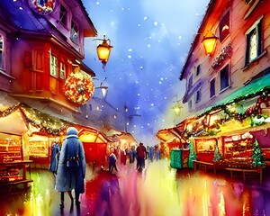 The Christmas market is bustling with activity as people move around, looking at the different stalls and buying gifts. The air is filled with the smell of cinnamon and mulled wine, and the atmosphere
