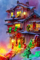 The house is adorned with lights and garland. A wreath hangs on the door, and icicles drip down the roof.