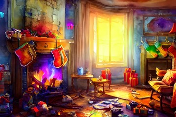 The fireplace is adorned with Christmas decorations. A string of lights winds its way around the mantel, and balls of all different colors hang down from it. There are candles in glass holders on eith