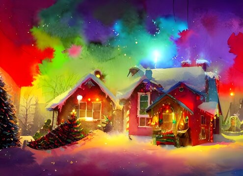 In the picture, there are houses with Christmas decorations. The houses have lights on them and some have Santa Claus ornaments. There is also snow on the ground.