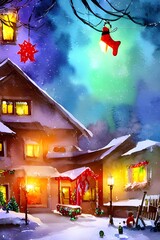 The snow is freshly fallen on the ground, and the house is covered in sparkling lights. The decorations are a mix of traditional and modern, with a big wreath hung on the door and Santa Claus figurine