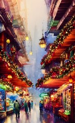 In the center of the town, a large Christmas tree is decorated with colorful lights and tinsel. enthusiastically talking and laughing. Around the tree, there are many wooden kiosks selling handmade gi