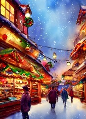It's a beautiful Christmas market evening. The air is crisp and the snow is twinkling in the light of the street lamps. There are people milling about, enjoying hot drinks and browsing stalls selling 