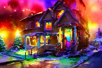 The house is decorated with Christmas lights in the shape of candy canes. There are also wreaths hung on the windows and a big red bow on the front door.
