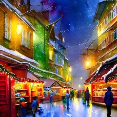 The Christmas market is in full swing, with people milling around the stalls and enjoying the festive atmosphere. The air is filled with the smell of mulled wine and roasted chestnuts, and there's a r